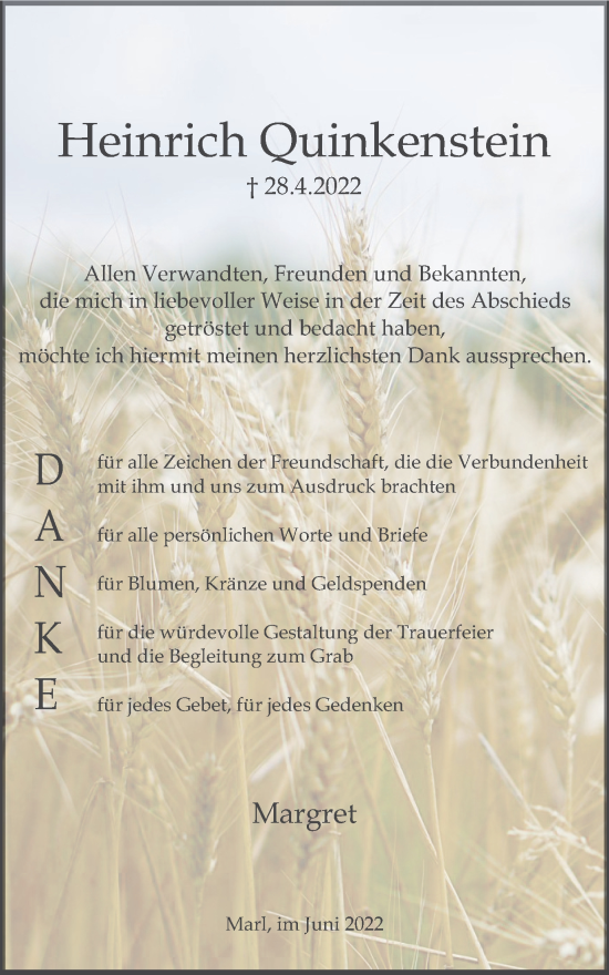 Traueranzeige von Heinrich Quinkenstein von Medienhaus Bauer