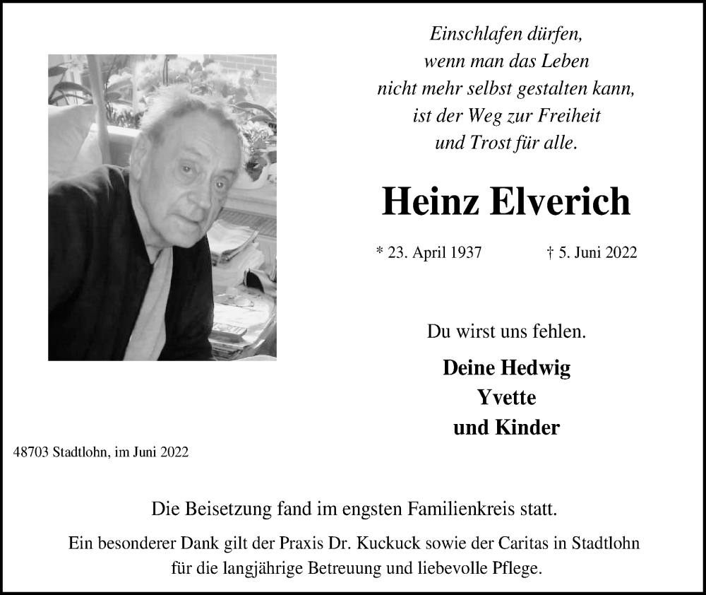  Traueranzeige für Heinz Elverich vom 16.06.2022 aus Münstersche Zeitung und Münsterland Zeitung