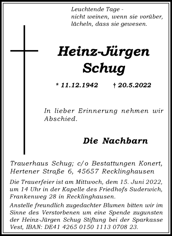 Traueranzeige von Heinz-Jürgen Schug von Medienhaus Bauer