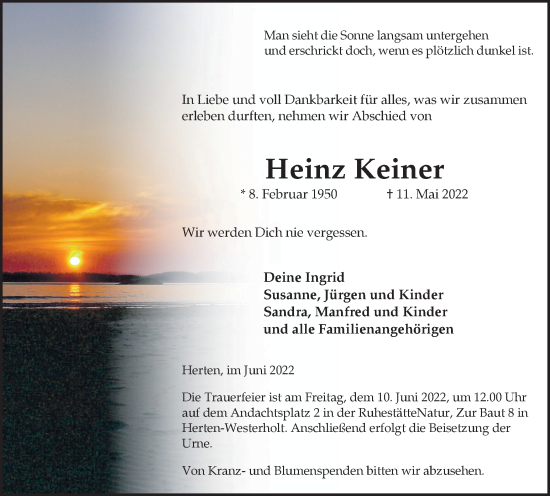 Traueranzeige von Heinz Keiner von Medienhaus Bauer