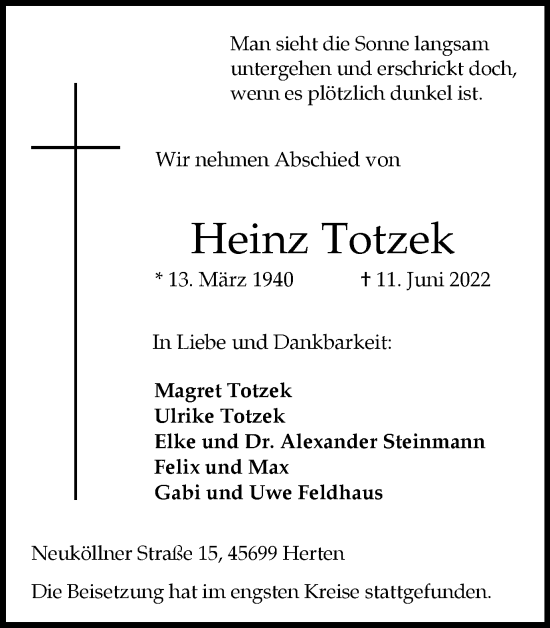Traueranzeige von Heinz Totzek von Medienhaus Bauer