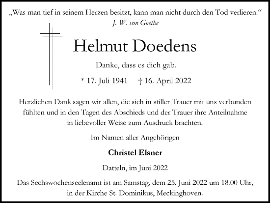 Traueranzeige von Helmut Doedens von Medienhaus Bauer