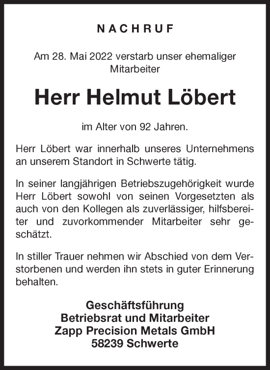 Traueranzeige von Helmut Löbert von Ruhr Nachrichten