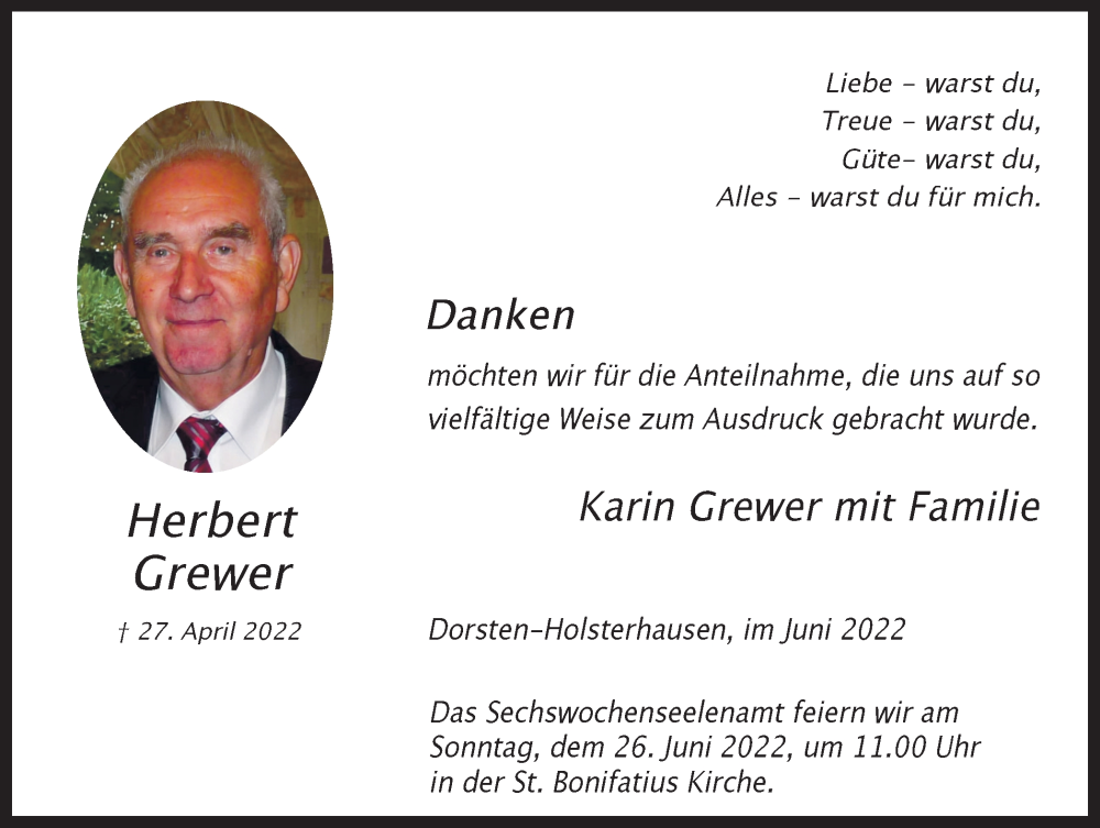  Traueranzeige für Herbert Grewer vom 18.06.2022 aus Ruhr Nachrichten und Dorstener Zeitung