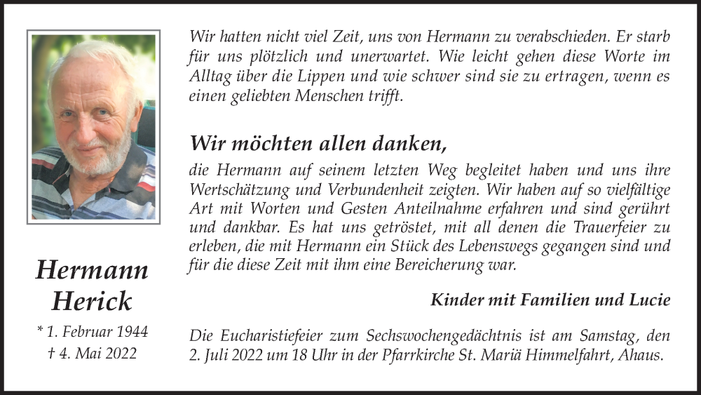  Traueranzeige für Hermann Herick vom 30.06.2022 aus Hellweger Anzeiger
