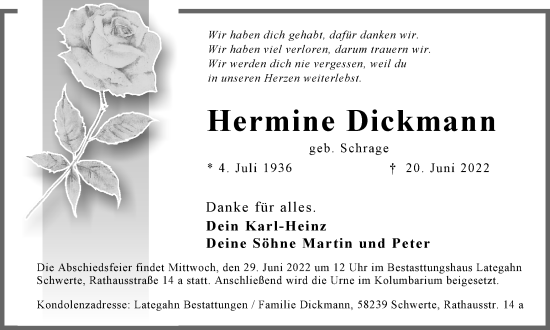 Traueranzeige von Hermine Dickmann von Ruhr Nachrichten