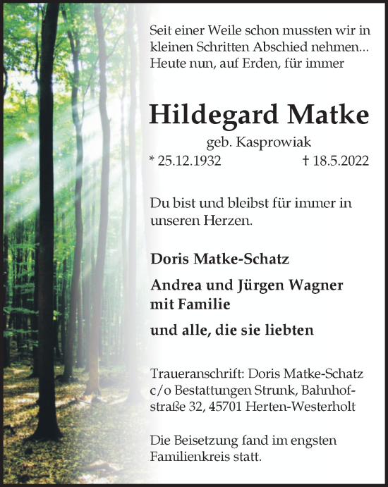 Traueranzeige von Hildegard Matke von Medienhaus Bauer