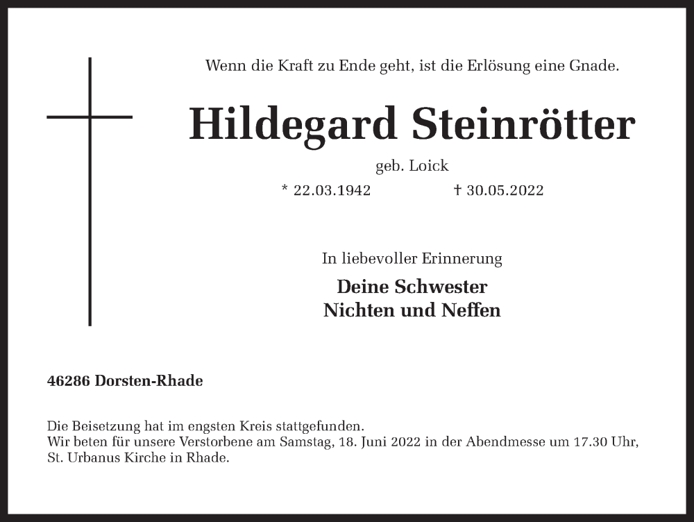  Traueranzeige für Hildegard Steinrötter vom 15.06.2022 aus Ruhr Nachrichten und Dorstener Zeitung