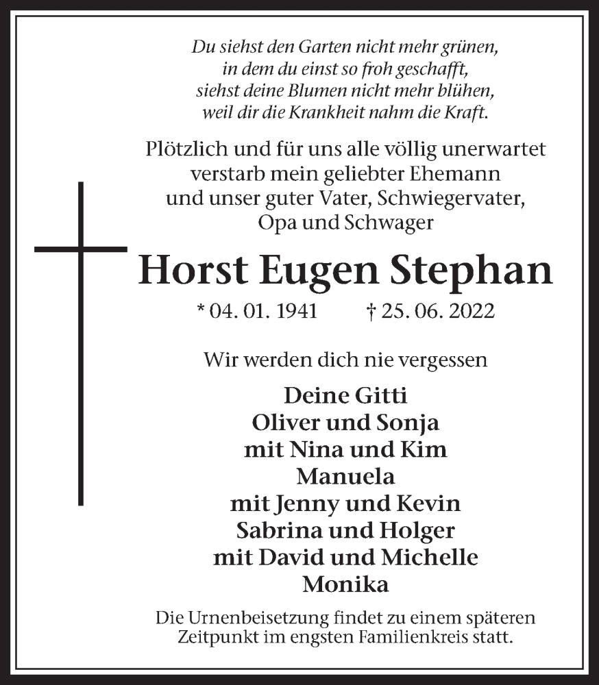  Traueranzeige für Horst Eugen Stephan vom 29.06.2022 aus Medienhaus Bauer