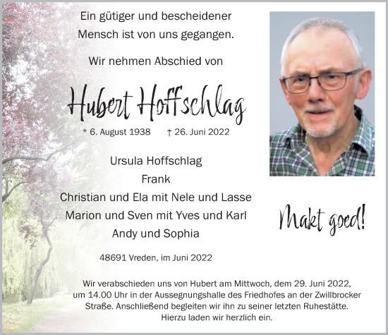 Traueranzeige von Hubert Hoffschlag von Münstersche Zeitung und Münsterland Zeitung