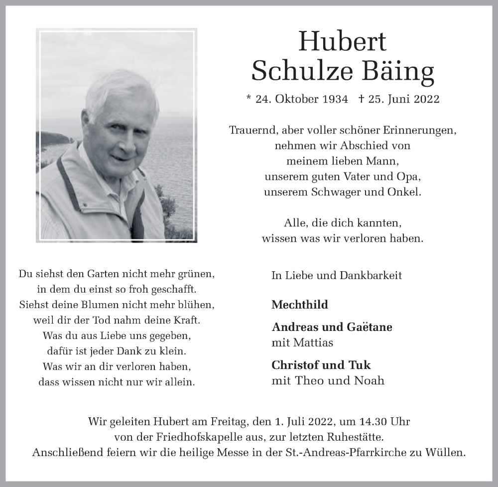  Traueranzeige für Hubert Schulze Bäing vom 29.06.2022 aus Münstersche Zeitung und Münsterland Zeitung