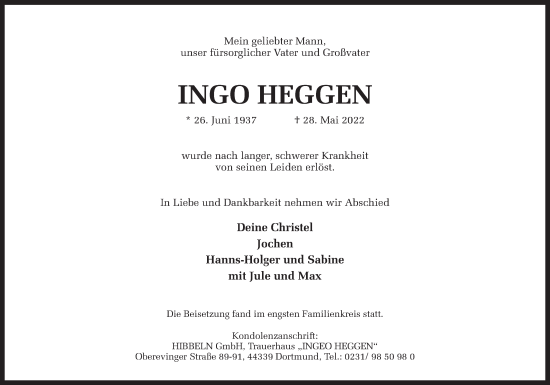 Traueranzeige von Ingo Heggen 