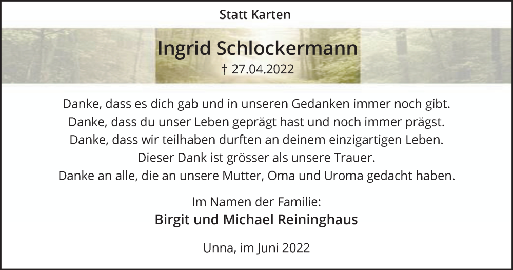  Traueranzeige für Ingrid Schlockermann vom 04.06.2022 aus Hellweger Anzeiger