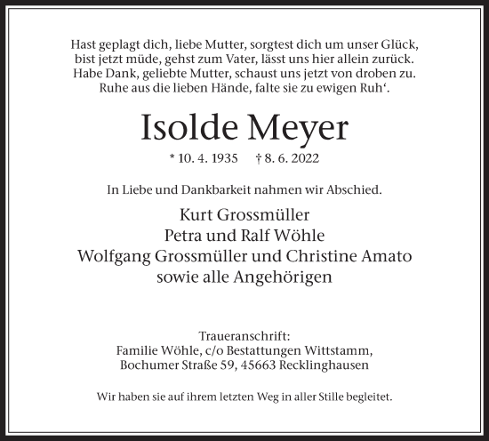 Traueranzeige von Isolde Meyer von Medienhaus Bauer