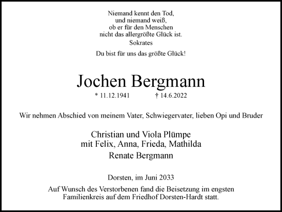 Traueranzeige von Jochen Bergmann von Ruhr Nachrichten und Dorstener Zeitung