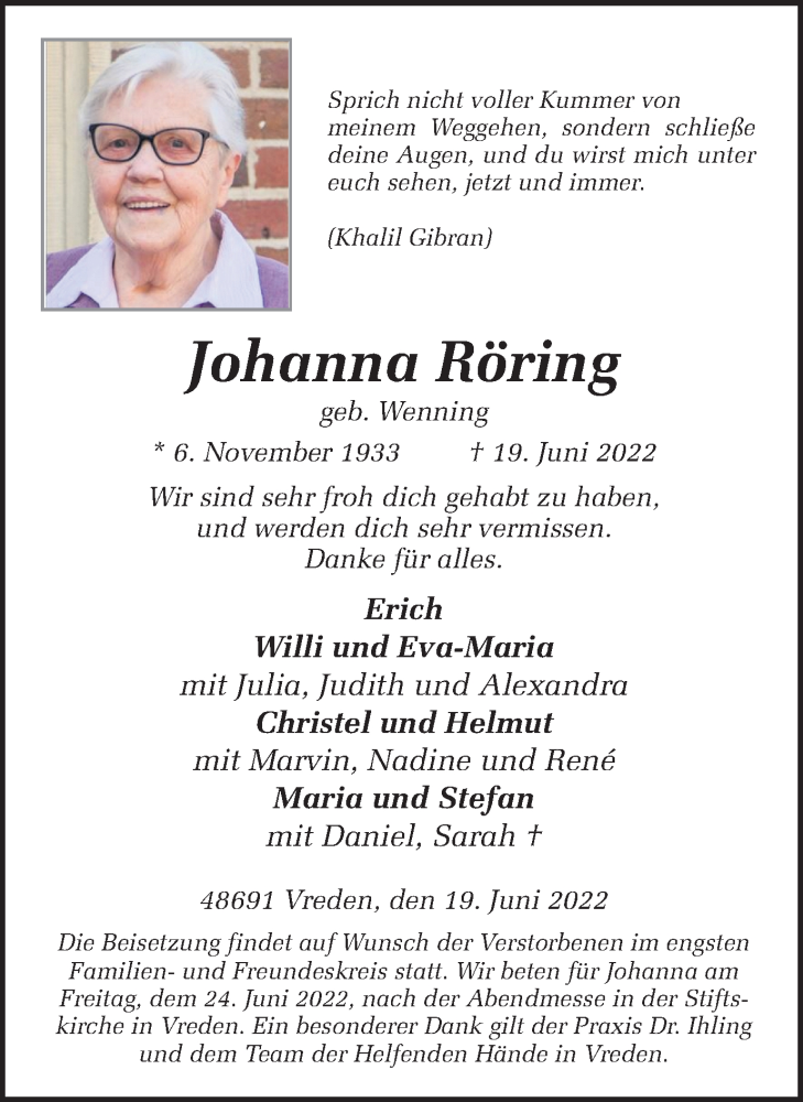  Traueranzeige für Johanna Röring vom 22.06.2022 aus Münstersche Zeitung und Münsterland Zeitung