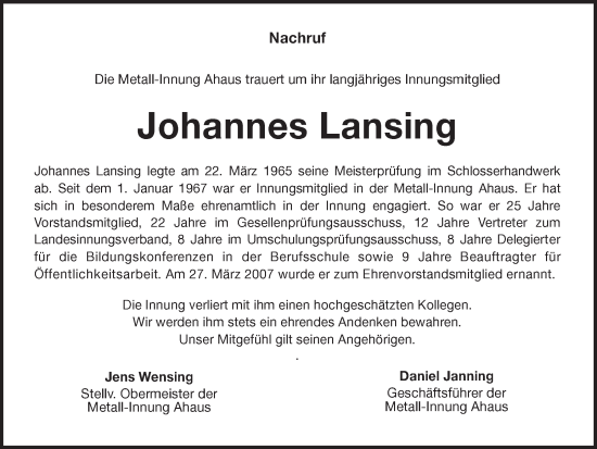 Traueranzeige von Johannes Lansing von Münstersche Zeitung und Münsterland Zeitung