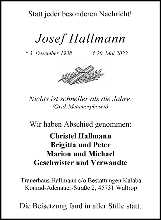 Traueranzeige von Josef Hallmann von Medienhaus Bauer