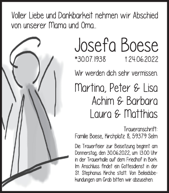 Traueranzeige von Josefa Boese von Ruhr Nachrichten