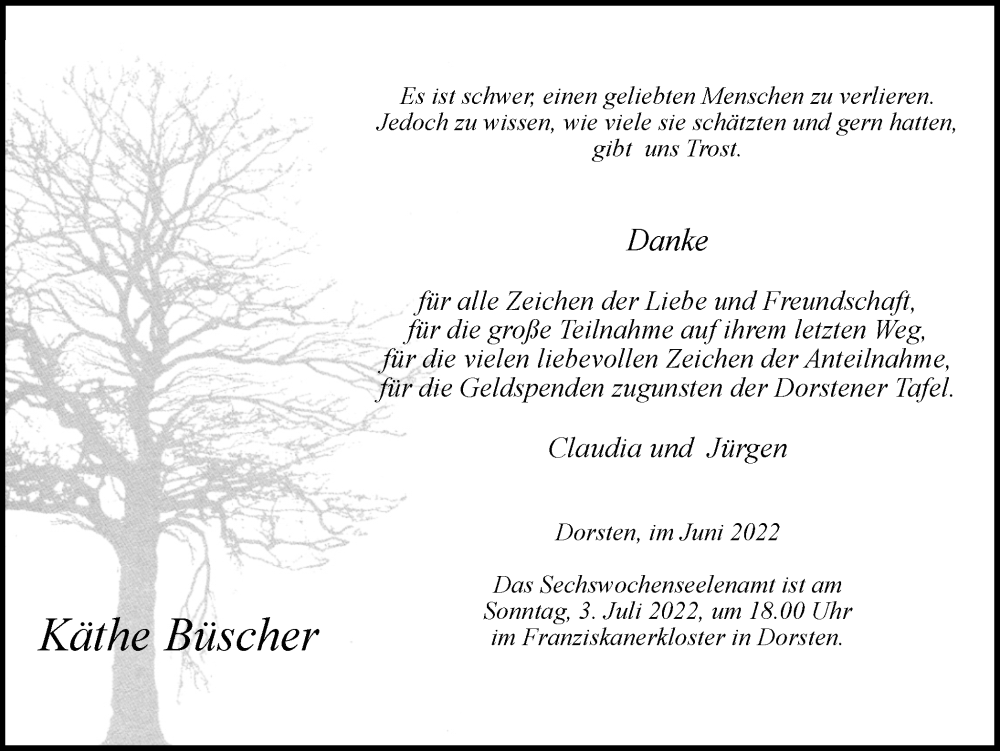  Traueranzeige für Käthe Büscher vom 29.06.2022 aus Ruhr Nachrichten und Dorstener Zeitung
