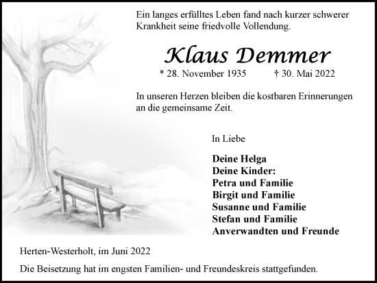 Traueranzeige von Klaus Demmer von Medienhaus Bauer