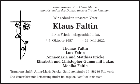 Traueranzeige von Klaus Faltin von Ruhr Nachrichten
