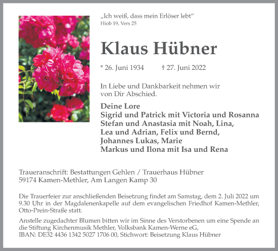 Traueranzeige von Klaus Hübner von Hellweger Anzeiger