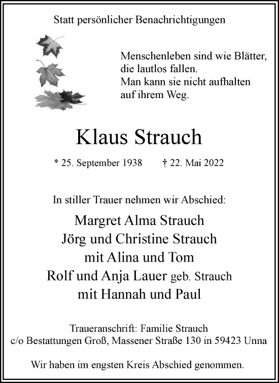 Traueranzeige von Klaus Strauch