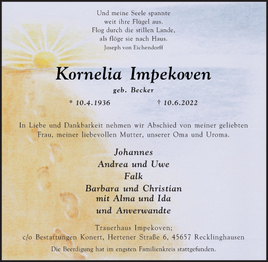 Traueranzeige von Kornelia Impekoven von Medienhaus Bauer