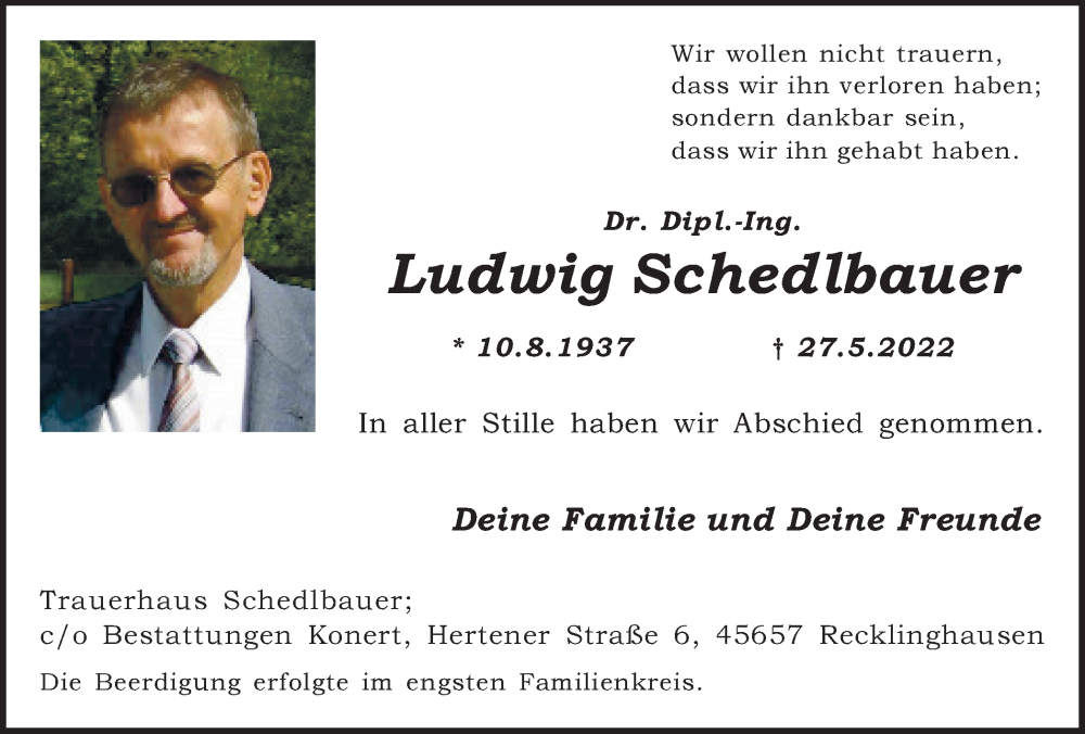  Traueranzeige für Ludwig Schedlbauer vom 11.06.2022 aus Medienhaus Bauer