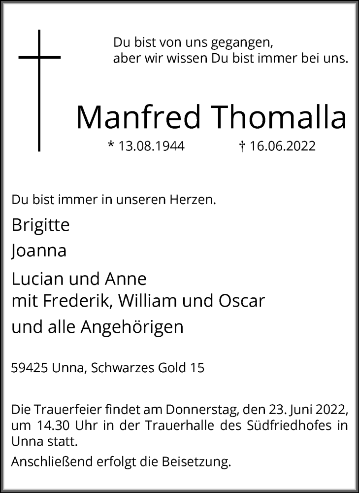  Traueranzeige für Manfred Thomalla vom 18.06.2022 aus Hellweger Anzeiger