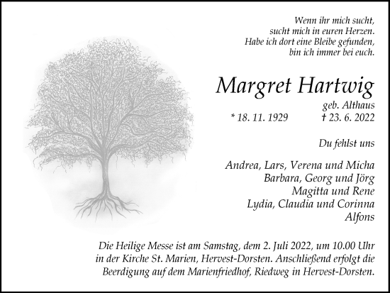 Traueranzeige von Margret Hartwig von Ruhr Nachrichten und Dorstener Zeitung