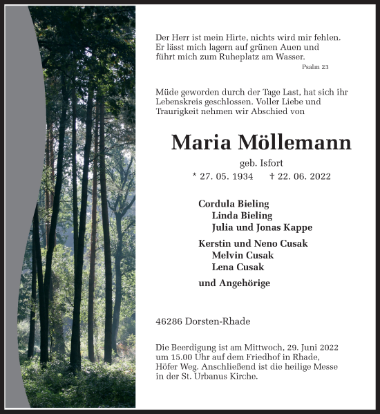 Traueranzeige von Maria Möllemann von Ruhr Nachrichten und Dorstener Zeitung