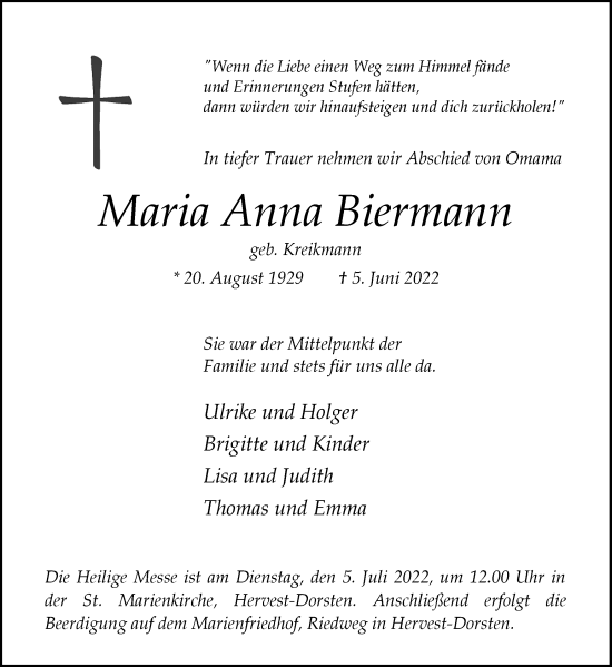 Traueranzeige von Maria Anna Biermann von Ruhr Nachrichten und Dorstener Zeitung