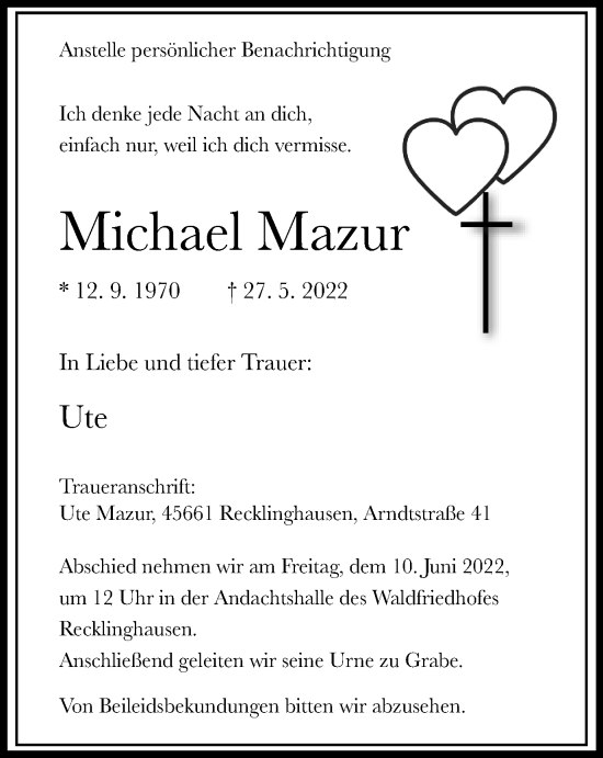 Traueranzeige von Michael Mazur von Medienhaus Bauer