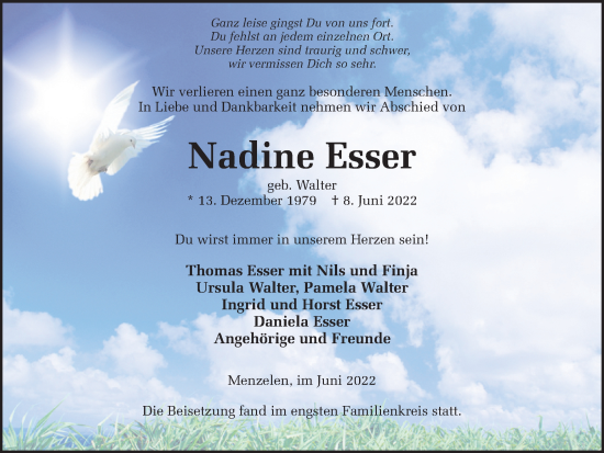 Traueranzeige von Nadine Esser von Ruhr Nachrichten und Dorstener Zeitung