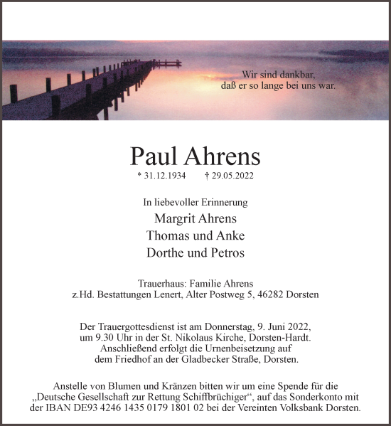 Traueranzeige von Paul Ahrens von Ruhr Nachrichten und Dorstener Zeitung