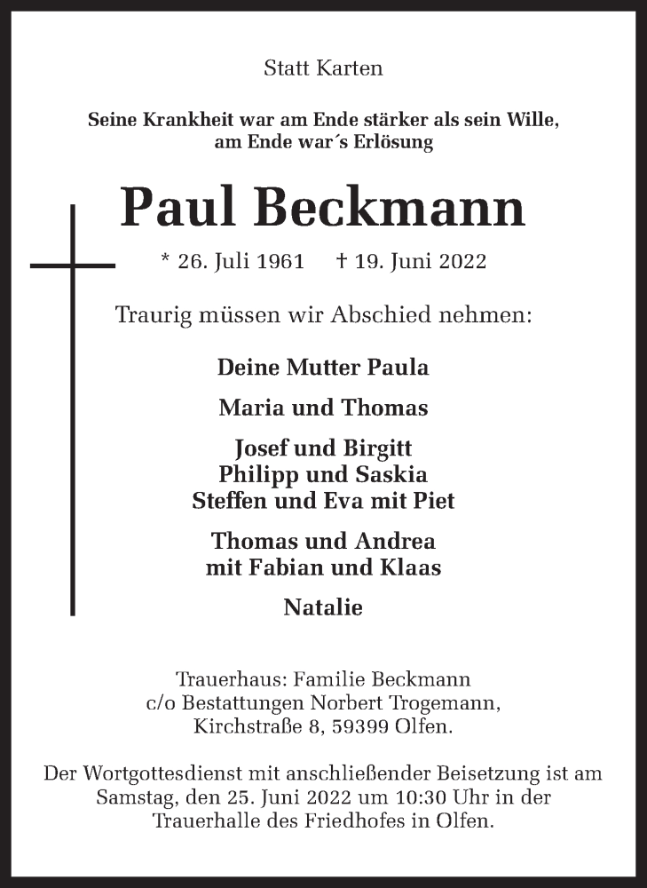  Traueranzeige für Paul Beckmann vom 21.06.2022 aus Ruhr Nachrichten