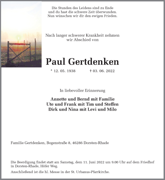 Traueranzeige von Paul Gertdenken von Ruhr Nachrichten und Dorstener Zeitung