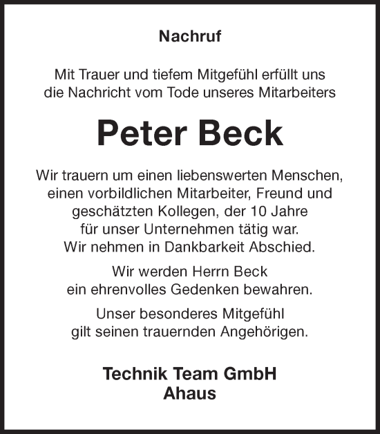 Traueranzeige von Peter Beck von Münstersche Zeitung und Münsterland Zeitung