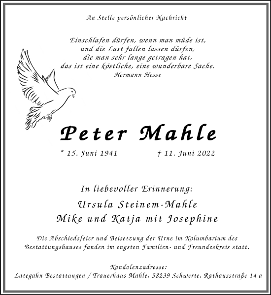 Traueranzeige von Peter Mahle von Ruhr Nachrichten