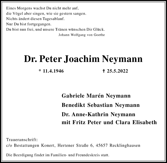 Traueranzeige von Peter Joachim Neymann von Medienhaus Bauer