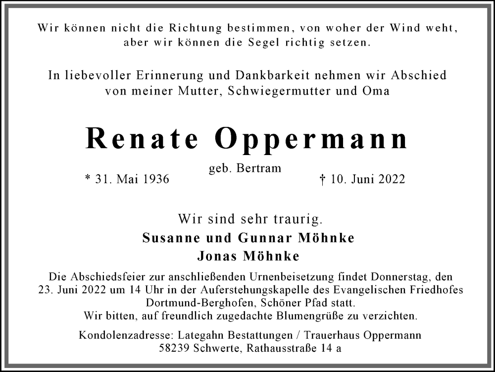  Traueranzeige für Renate Oppermann vom 18.06.2022 aus 