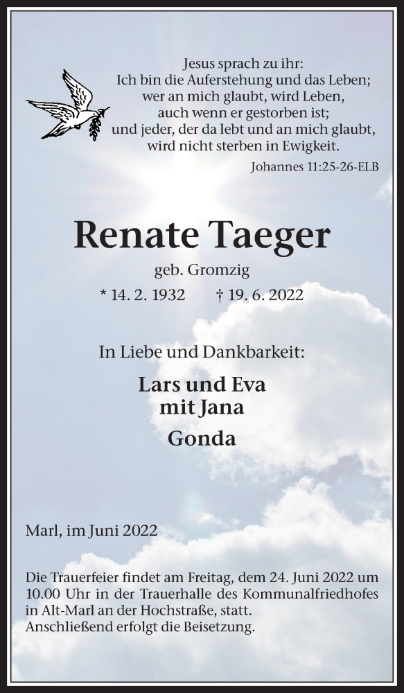  Traueranzeige für Renate Taeger vom 22.06.2022 aus Medienhaus Bauer