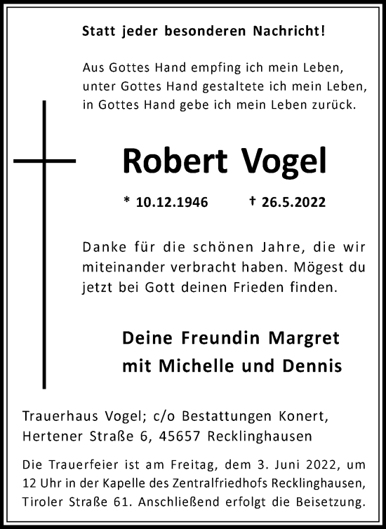 Traueranzeige von Robert Vogel von Medienhaus Bauer