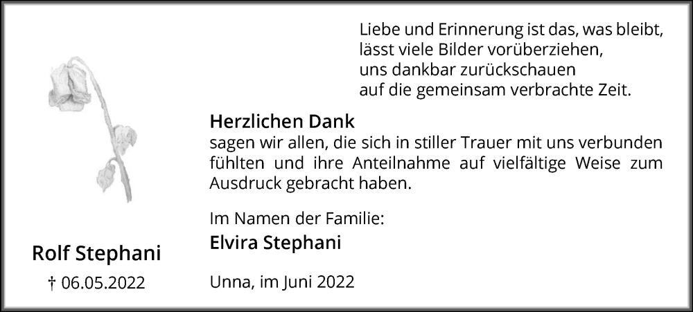  Traueranzeige für Rolf Stephani vom 11.06.2022 aus Hellweger Anzeiger