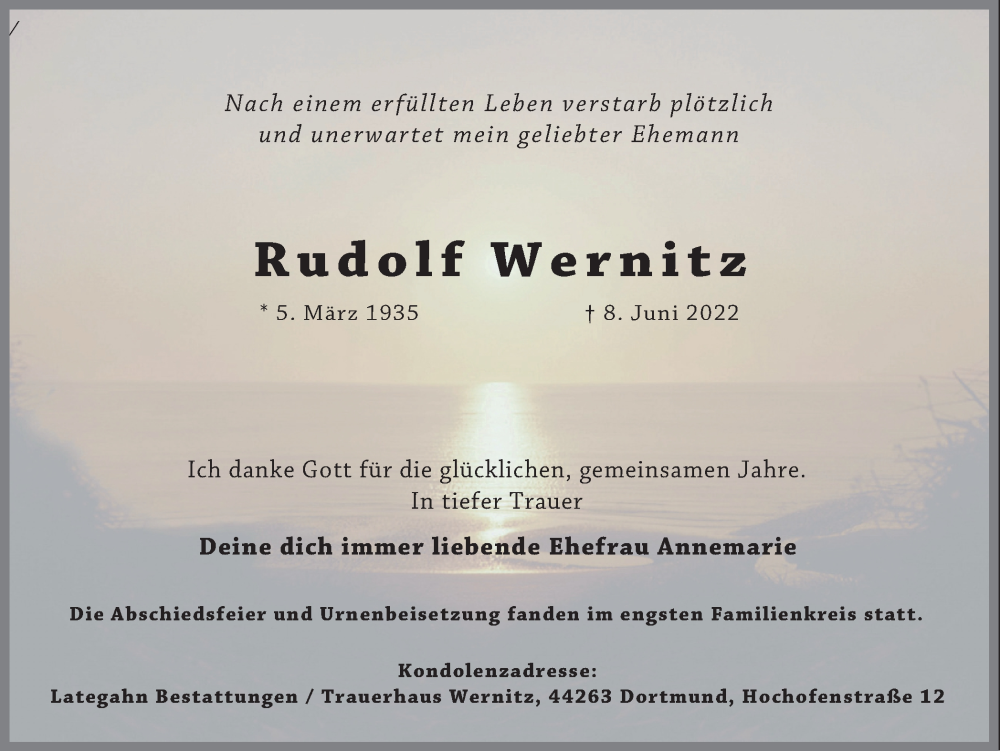  Traueranzeige für Rudolf Wernitz vom 25.06.2022 aus 