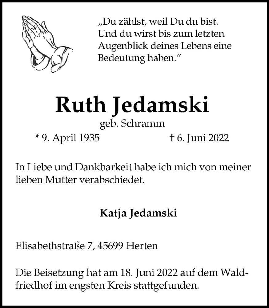  Traueranzeige für Ruth Jedamski vom 22.06.2022 aus Medienhaus Bauer