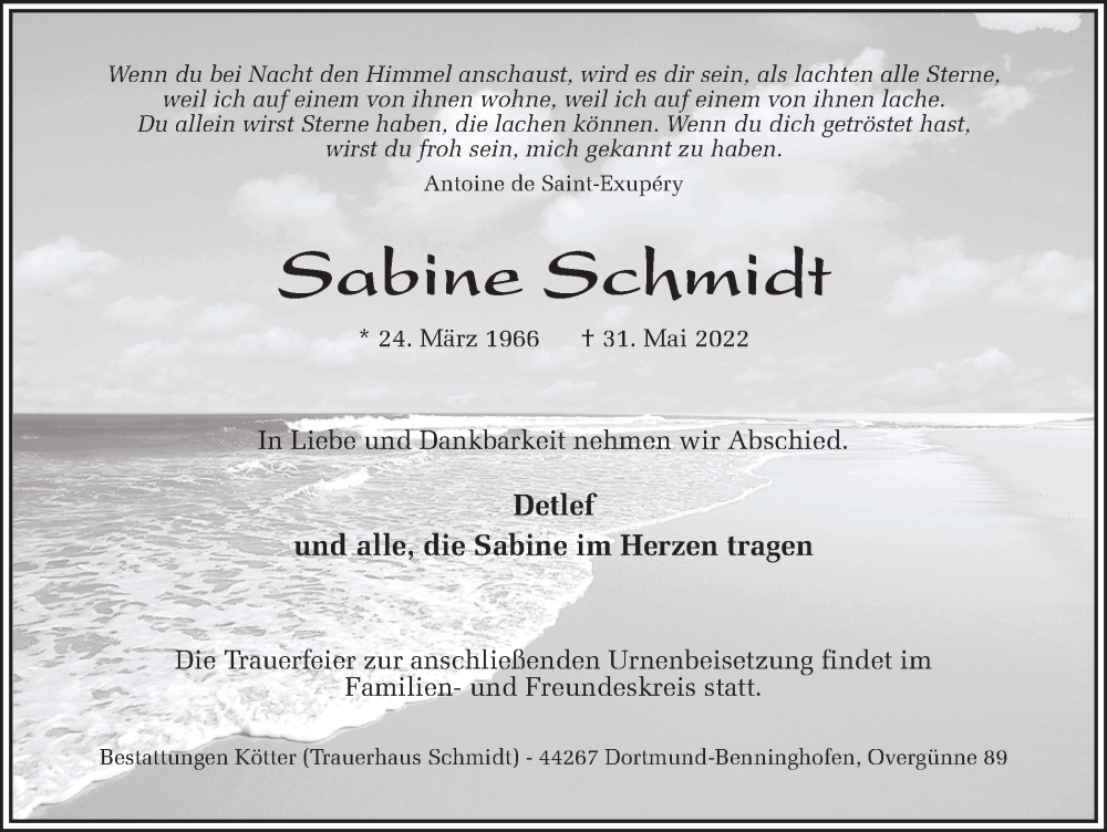  Traueranzeige für Sabine Schmidt vom 18.06.2022 aus 