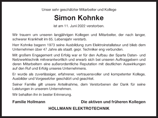 Traueranzeige von Simon Kohnke 